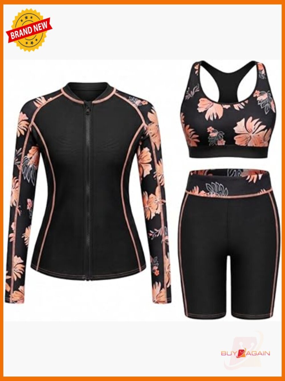 3 Piece Rash Guard Swimsuit Long Sleeve Zip Up Sport Bra Shorts UPF 50